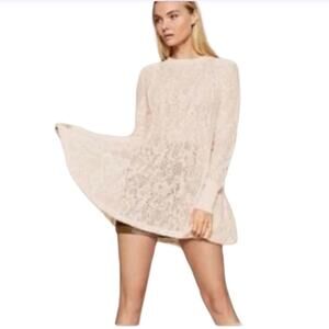 Free People Womens Coffee in The Morning Lace Ribbed Trim Tunic/Dress  Size L